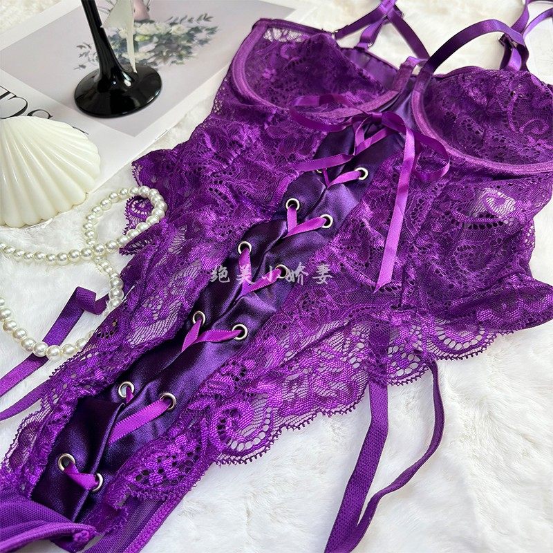 绝美小娇妻:夜色娇喘*蕾丝性感内衣睡衣连体衣绑带紫色 - 图2