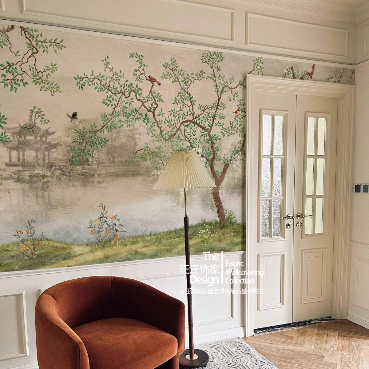 D法式复古中国风花鸟亭子小桥卧室背景墙壁布无缝墙布定制壁画,淘宝优惠券,粉丝福利购,淘宝优惠卷