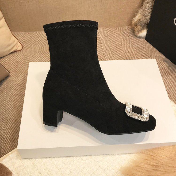 黑色方头短靴女2025新款方扣水钻弹力袜靴子低跟粗跟绒面瘦瘦靴,淘宝优惠券,粉丝福利购,淘宝优惠卷