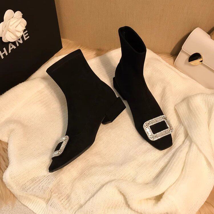 黑色方头短靴女2025新款方扣水钻弹力袜靴子低跟粗跟绒面瘦瘦靴,淘宝优惠券,粉丝福利购,淘宝优惠卷