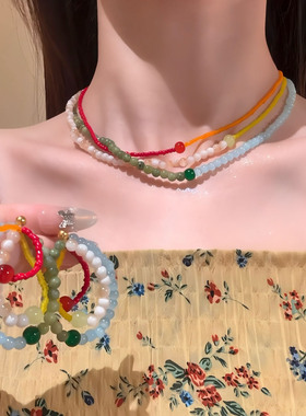 海港晴空~彩色多巴胺串珠项链女2025新款爆款颈链海边度假锁骨链