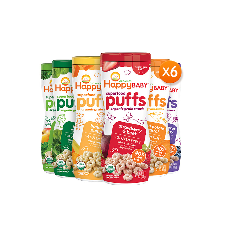 禧贝官方海外旗舰店禧贝泡芙HappyBaby美国进口宝宝婴儿辅食零食有机磨牙星星饼干6罐0