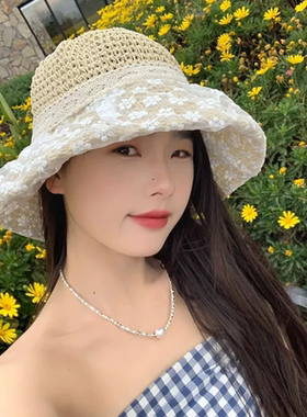 蕾丝花朵大草帽海边沙滩女士渔夫帽防晒防紫外线遮阳系带蕾丝草帽