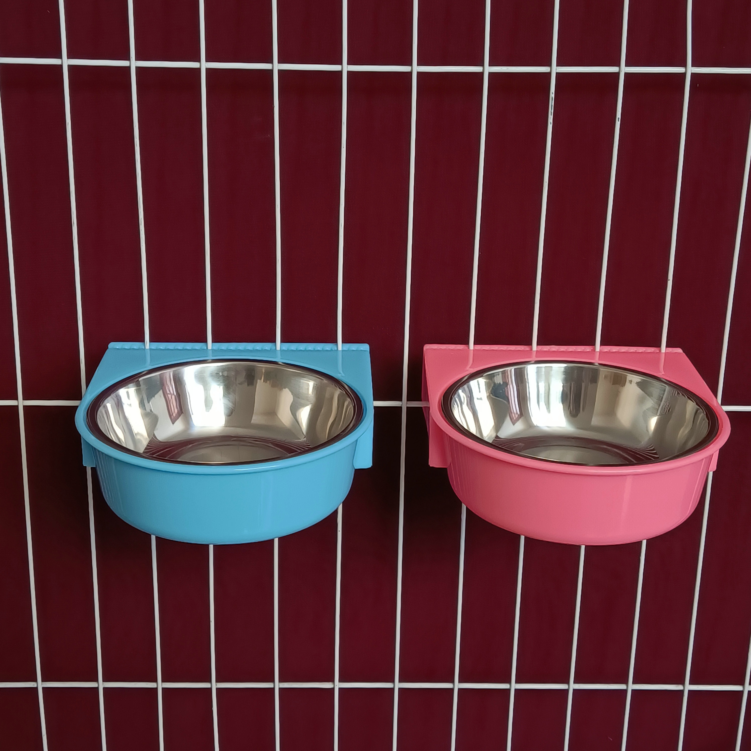宠物用品狗笼悬挂式不锈钢狗碗可固定防止打翻猫碗粉色食盆饮水盆 - 图1