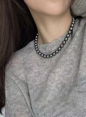 倪妮同款强光大溪地黑珍珠项链轻奢高级感锁骨颈链毛衣链