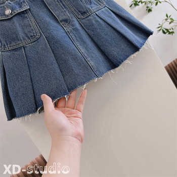 ເຄື່ອງນຸ່ງເດັກນ້ອຍ 2024 summer ມາໃຫມ່ເດັກຍິງເກົາຫຼີຮັກກະເປົ໋າລ້າງອ່ອນ denim versatile denim pleated skirt culottes