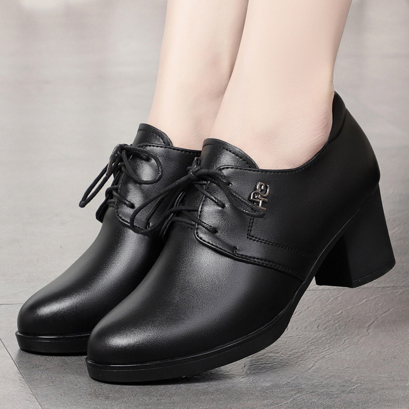 真皮圆头单鞋女2025年春秋新款软皮粗跟高跟妈妈鞋深口皮鞋工作鞋,淘宝优惠券,粉丝福利购,淘宝优惠卷