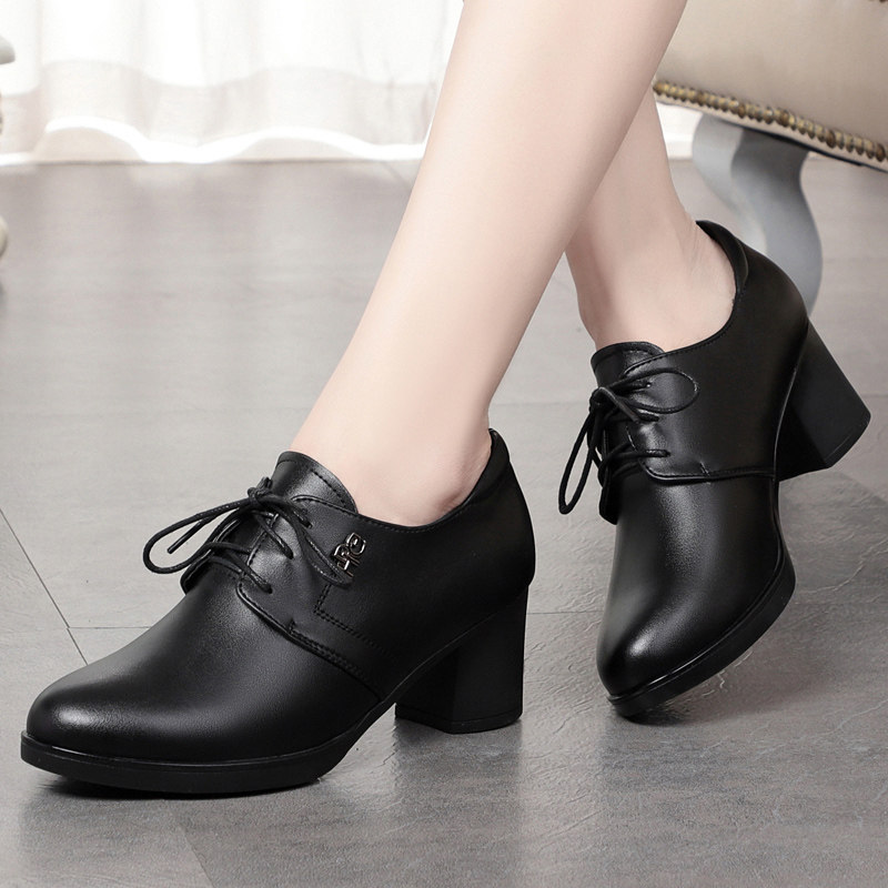 真皮圆头单鞋女2025年春秋新款软皮粗跟高跟妈妈鞋深口皮鞋工作鞋,淘宝优惠券,粉丝福利购,淘宝优惠卷