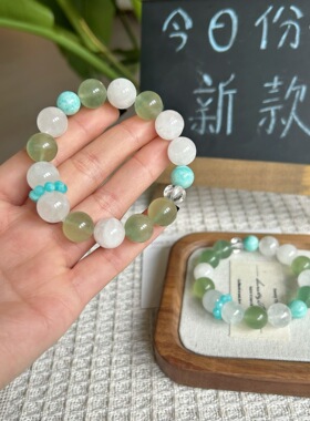 春日樱新款天然雪花幽灵搭配绿萤石清新简约大颗粒手工串珠手串