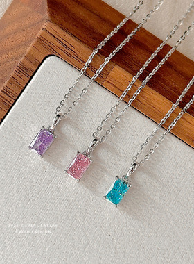 s925纯银小方糖项链女香水瓶吊坠多彩锆石锁骨链小众轻奢百搭