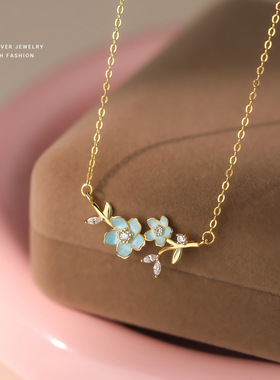 S925纯银镀金森系滴胶金枝繁花项链女小众设计清新花朵锁骨o字链