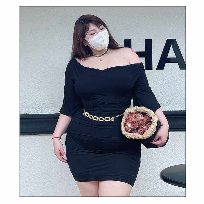 CHEN STUDIO【冷欲姐姐】大码气质荡领垂感包臀连衣裙可一字肩裙