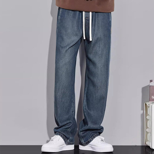 春秋加长版牛仔裤120cm宽松阔腿潮牌加绒高个子190男裤115cm系绳 - 图0