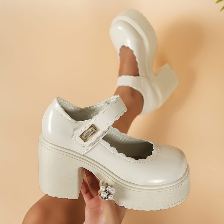 白色高跟鞋女气质名媛2023年新款小个子增高时尚粗跟皮鞋洋气高级