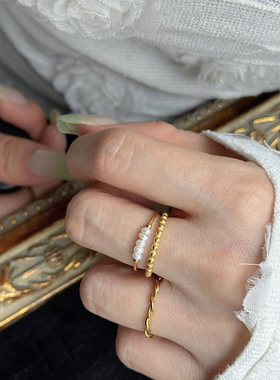 钛钢不掉色金色珍珠麻花细戒指女