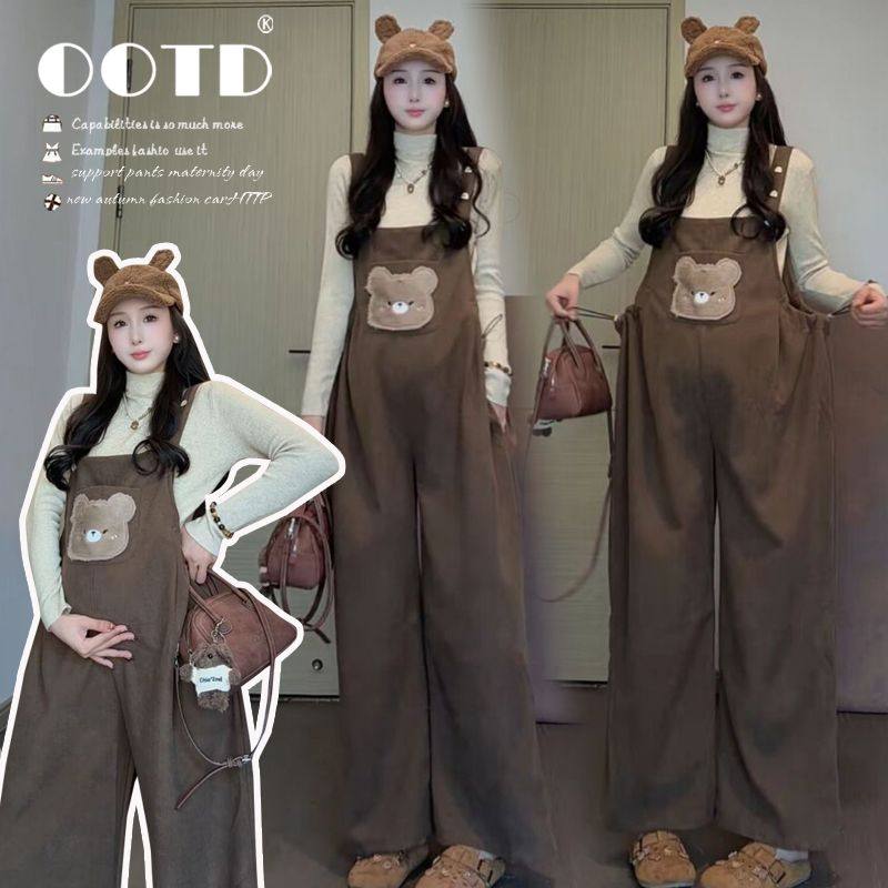 孕妇背带裤加绒套装2025秋冬新款卡通小熊吊带长裤针织毛衣两件套,淘宝优惠券,粉丝福利购,淘宝优惠卷