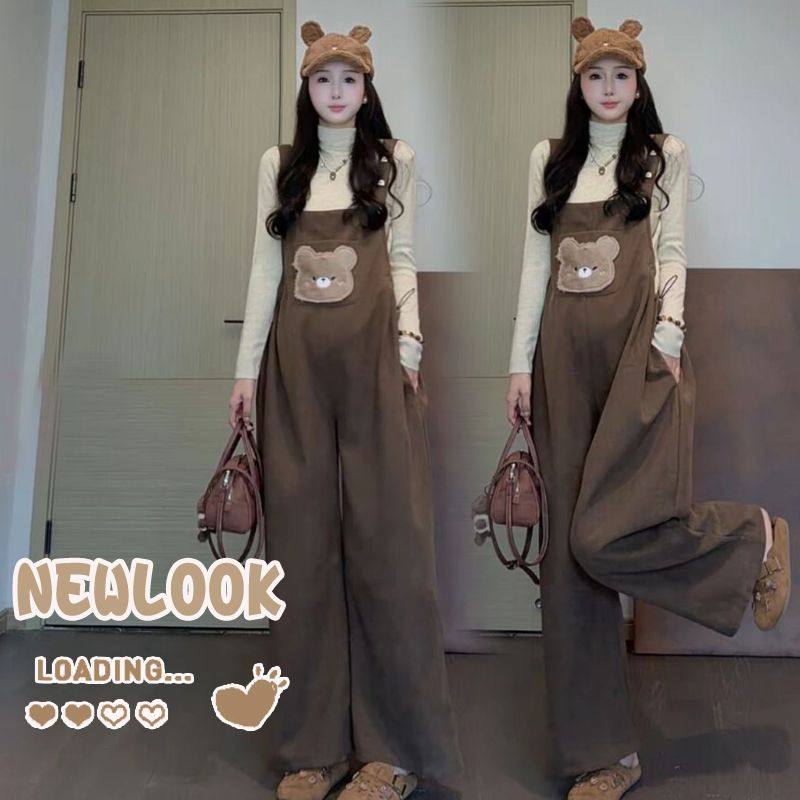 孕妇背带裤加绒套装2025秋冬新款卡通小熊吊带长裤针织毛衣两件套,淘宝优惠券,粉丝福利购,淘宝优惠卷