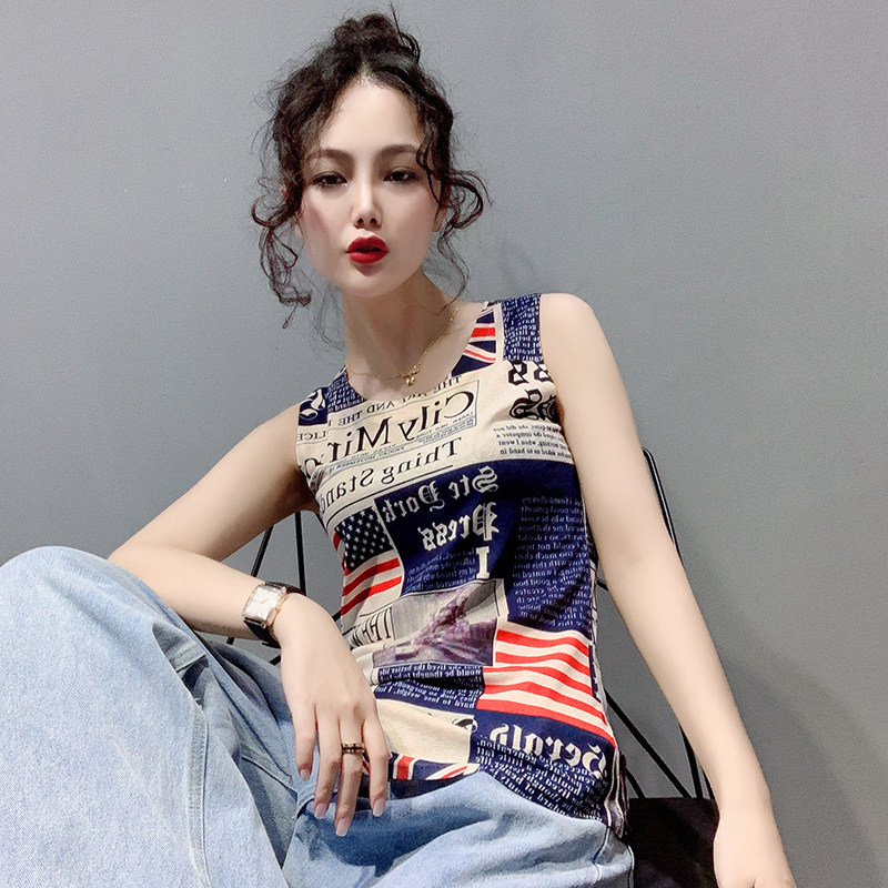 2024夏季新款韩版复古港味圆领个性印花无袖T恤女大码背心吊带衫,淘宝优惠券,粉丝福利购,淘宝优惠卷