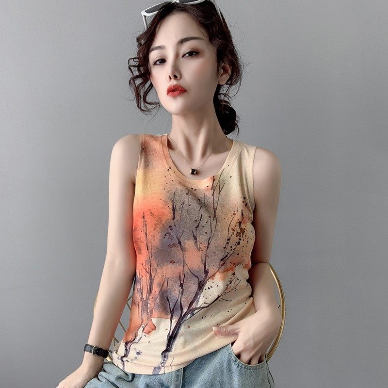 欧洲站2024夏装新款洋气吊带小背心女内搭外穿无袖打底衫印花t恤,淘宝优惠券,粉丝福利购,淘宝优惠卷