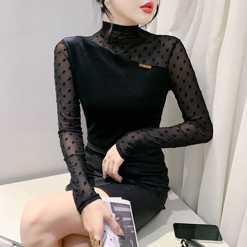 网纱拼接金丝绒上衣女秋冬新款欧货高级感修身别致漂亮T恤打底衫 - 图2