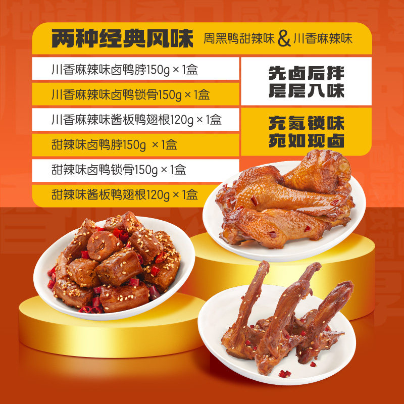 【周黑鸭】鲜聚礼盒装川香麻辣甜辣鸭脖锁骨翅根辣子鸡840g卤味B