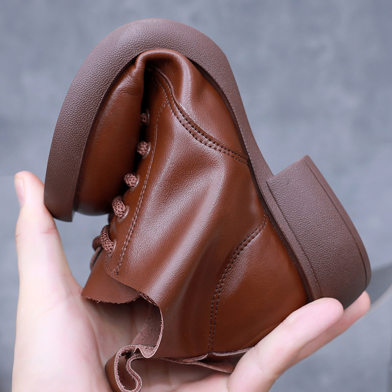 复古真皮深口单鞋女系带圆头低跟软底防滑妈妈鞋平底马丁靴短靴,淘宝优惠券,粉丝福利购,淘宝优惠卷