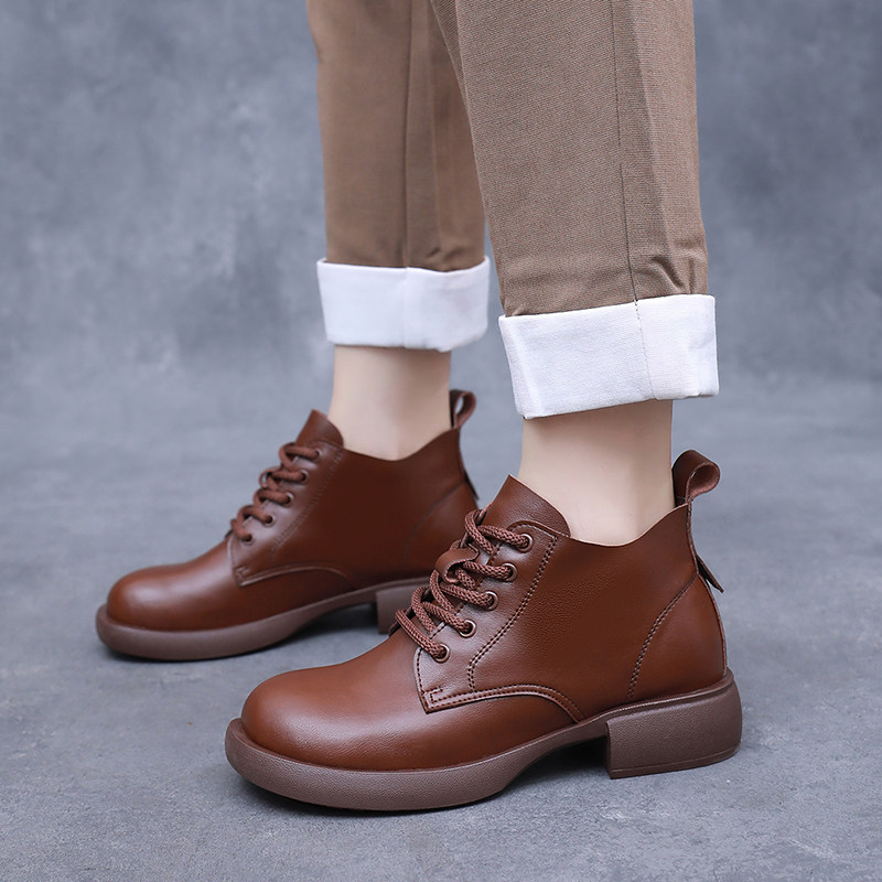 复古真皮深口单鞋女系带圆头低跟软底防滑妈妈鞋平底马丁靴短靴,淘宝优惠券,粉丝福利购,淘宝优惠卷