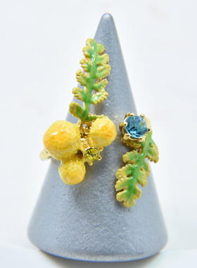 手工珐琅普罗旺斯 黄果串绿叶 含羞草 柠檬草 开口可调节戒指