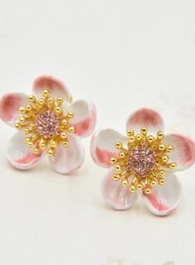 法国手工珐琅 果色物语系列 粉色苹果花 耳环 耳夹 项链 戒指