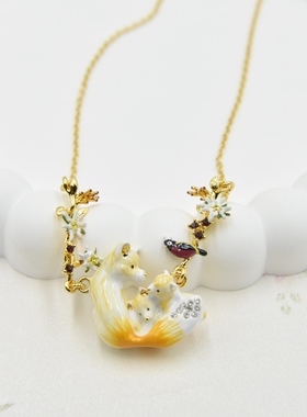 法国手工珐琅 爱护小动物 雪绒花 北极狐 山雀项链