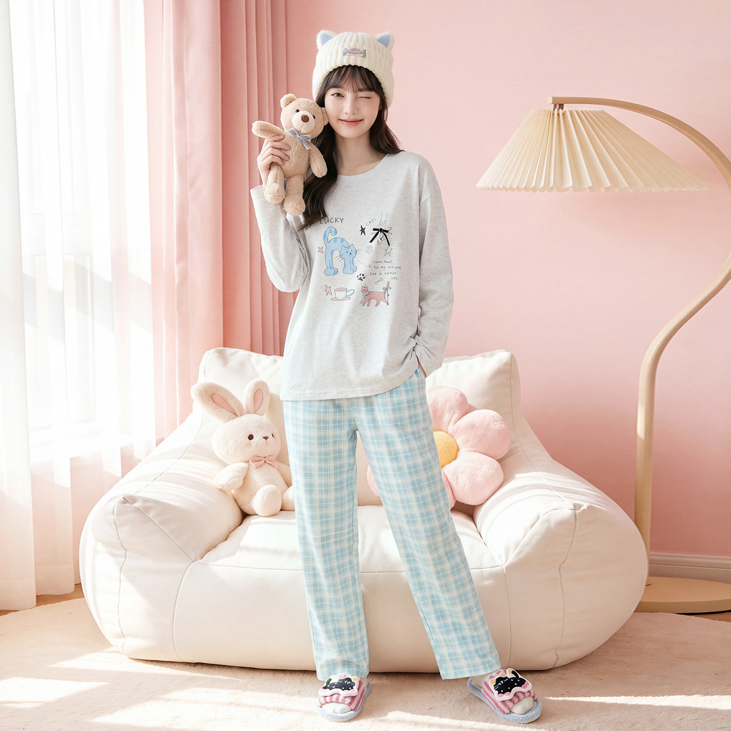 芬腾可安纯棉韩系圆领新疆棉女士家居服套装
