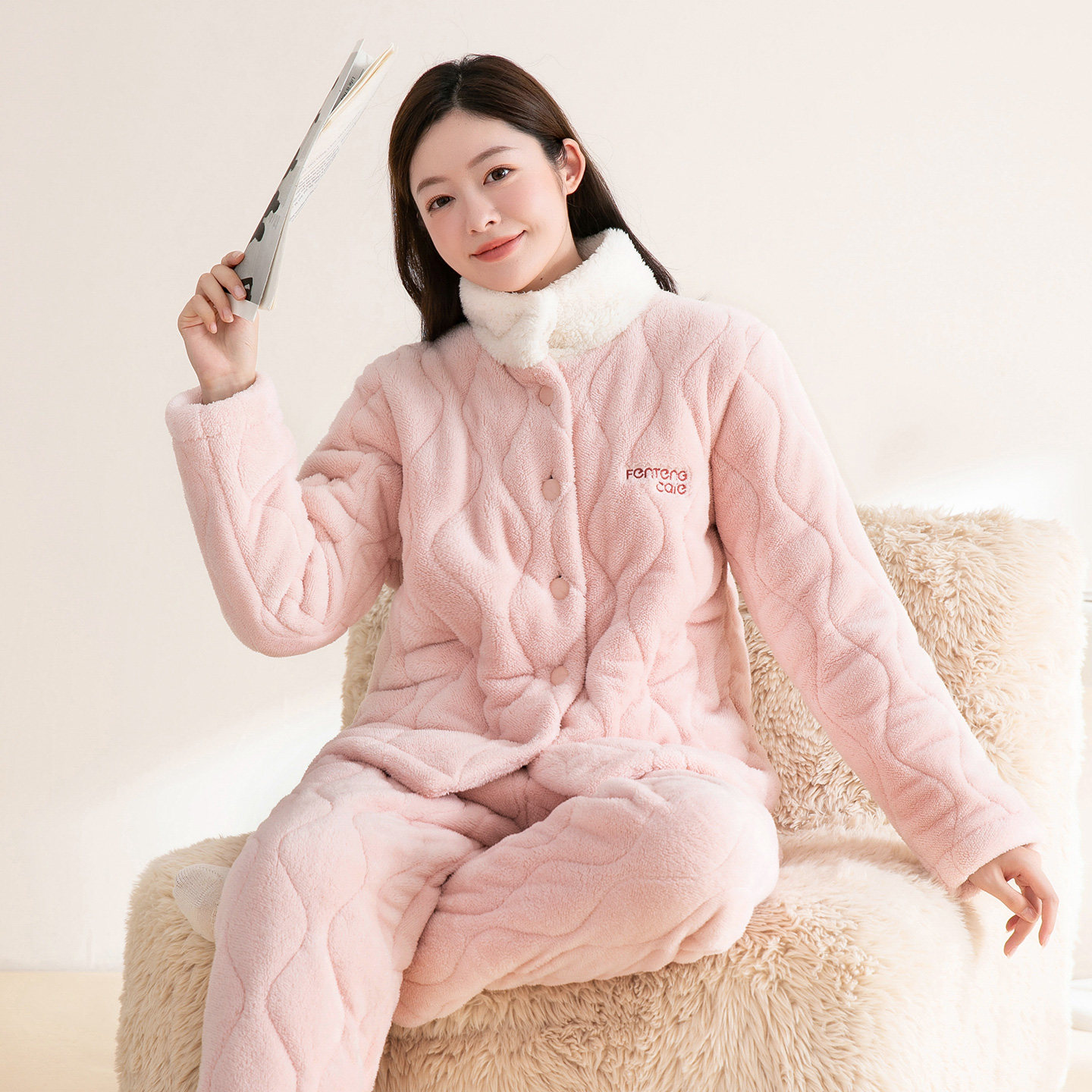 芬腾可安睡衣女士秋冬季三层加厚夹棉珊瑚绒法兰绒保暖棉袄家居服,淘宝优惠券,粉丝福利购,淘宝优惠卷