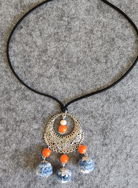 云南民族复古扎染项链女长款毛衣链民族风文艺饰品扎染盘扣项饰