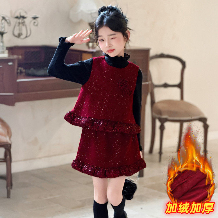 女童秋冬盘花年服裙套装韩版小香风年服无袖马甲半身裙加绒两件套,淘宝优惠券,粉丝福利购,淘宝优惠卷