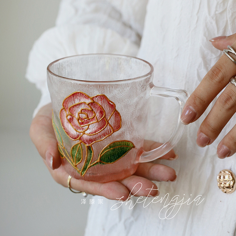泽滕家日式水晶玻璃冰川水杯茶杯手绘玫瑰杯牛奶咖啡杯女生礼物杯-图2