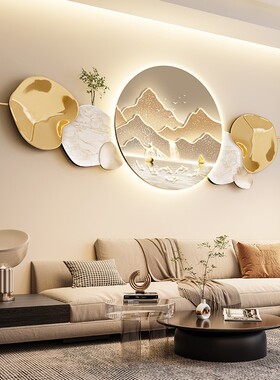 客厅装饰画新款山水壁画现代轻奢led氛围灯新中式沙发背景墙挂画