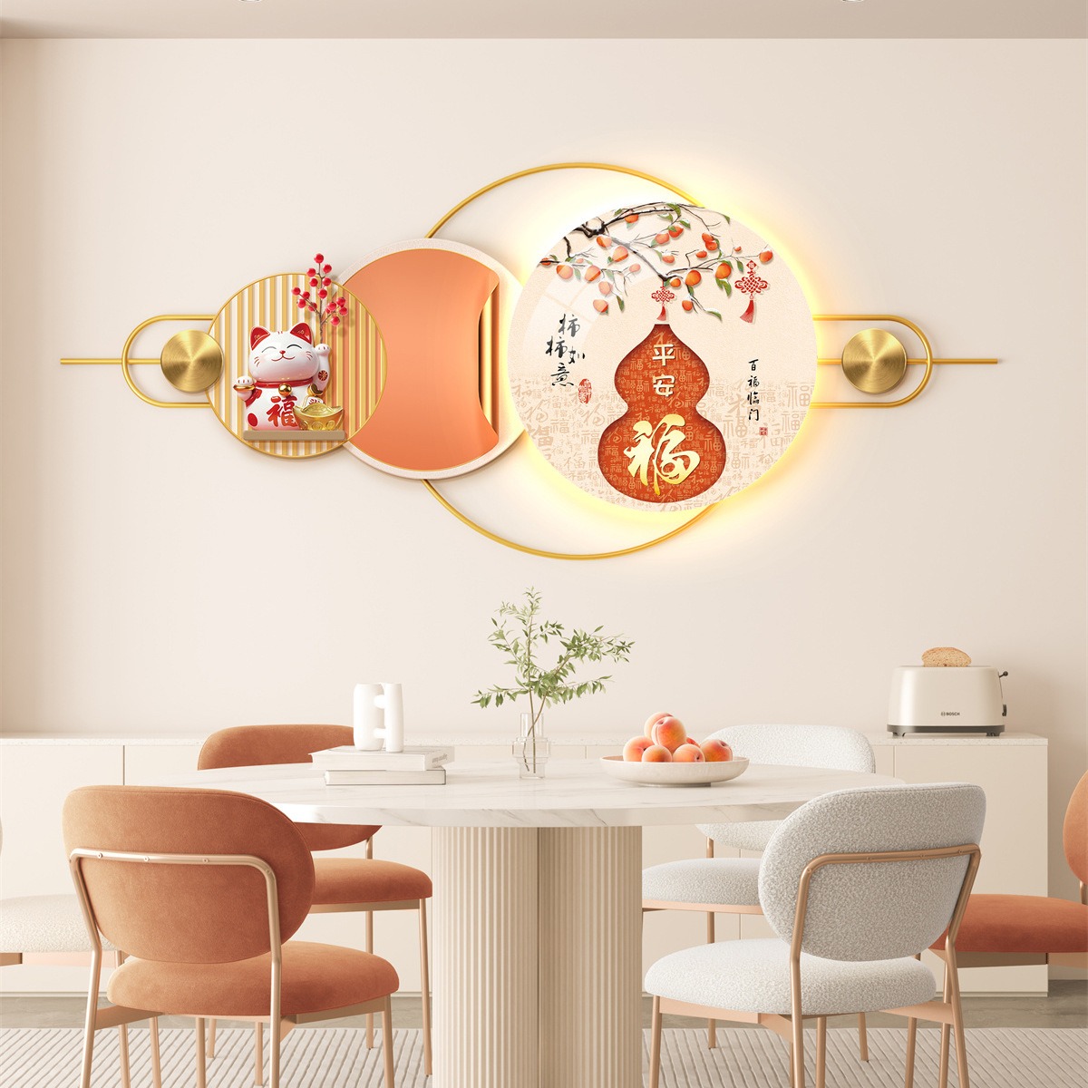 平安喜乐餐厅装饰画现代轻奢客厅背景墙寓意好立体感氛围灯壁画 - 图3