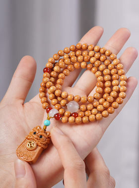 醒狮檀香木多圈手串DIY款醒狮吊坠款小清新文艺财宝男女佛珠手链