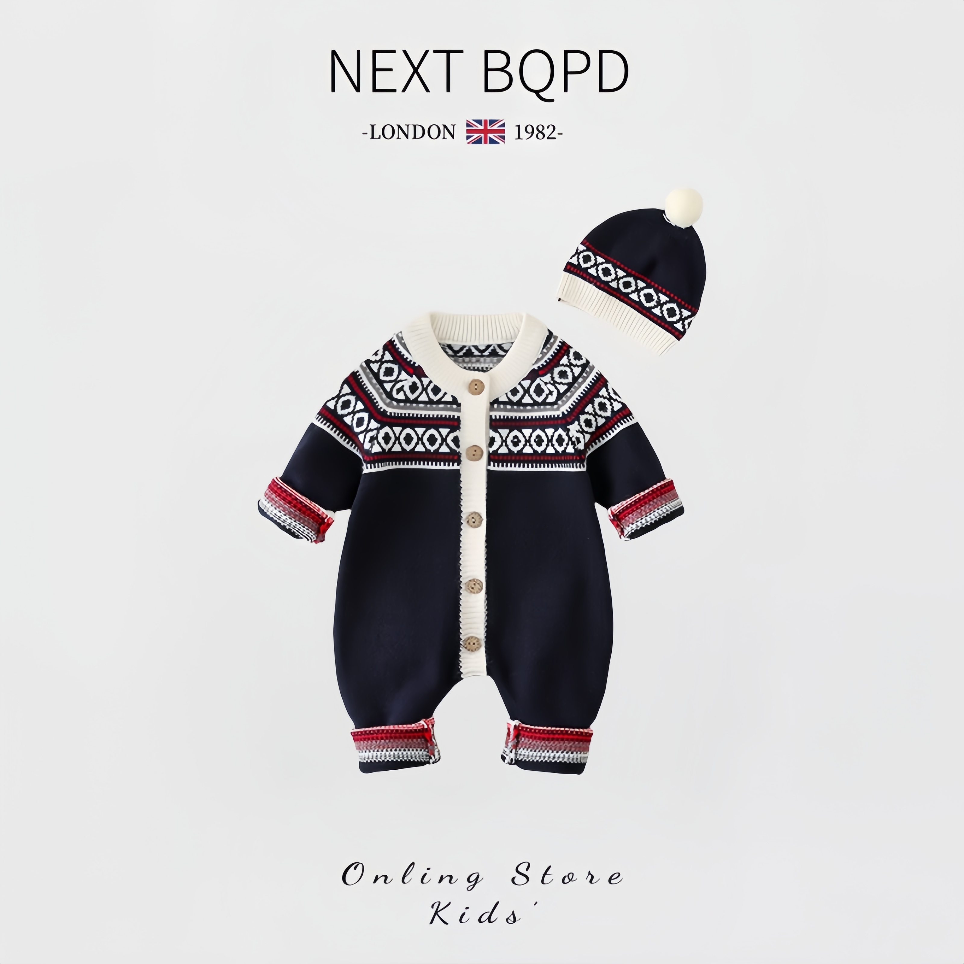 英国NEXTBQPD婴儿秋冬季针织毛衣连体哈衣满月男宝宝外出爬服周岁 - 图1