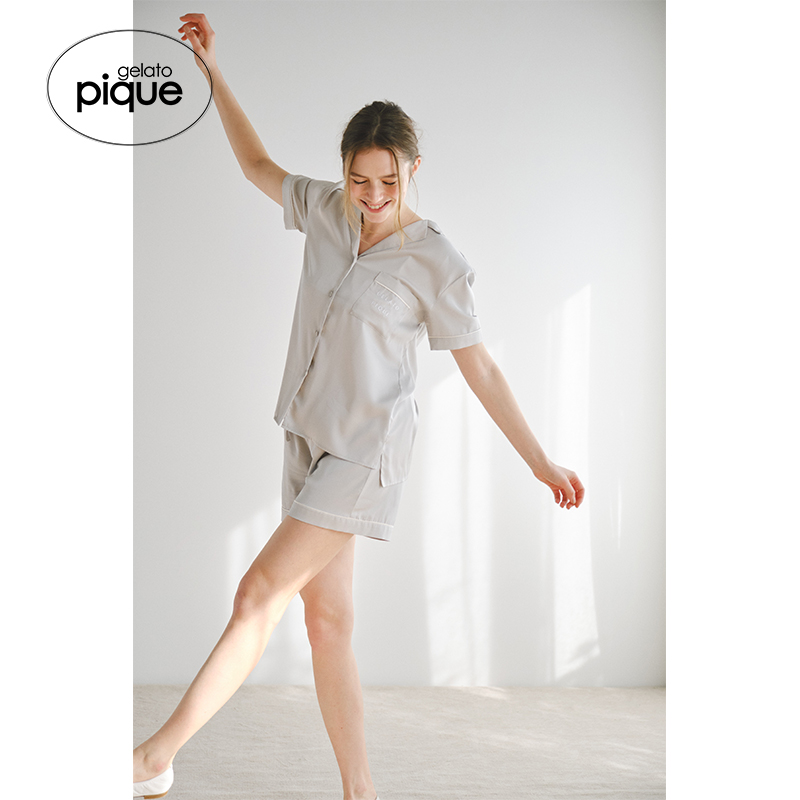 gelato pique夏女睡衣裤套装纯色缎面衬衫短裤家居服PWFT222311-图1