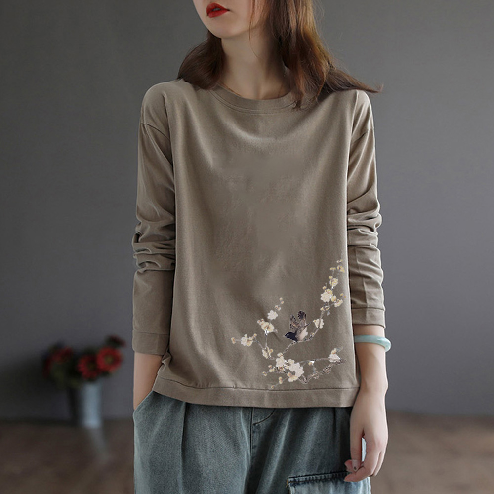 清仓捡漏秋冬季长袖纯棉圆领宽松大码T恤上衣印花大码打底内搭女 - 图1