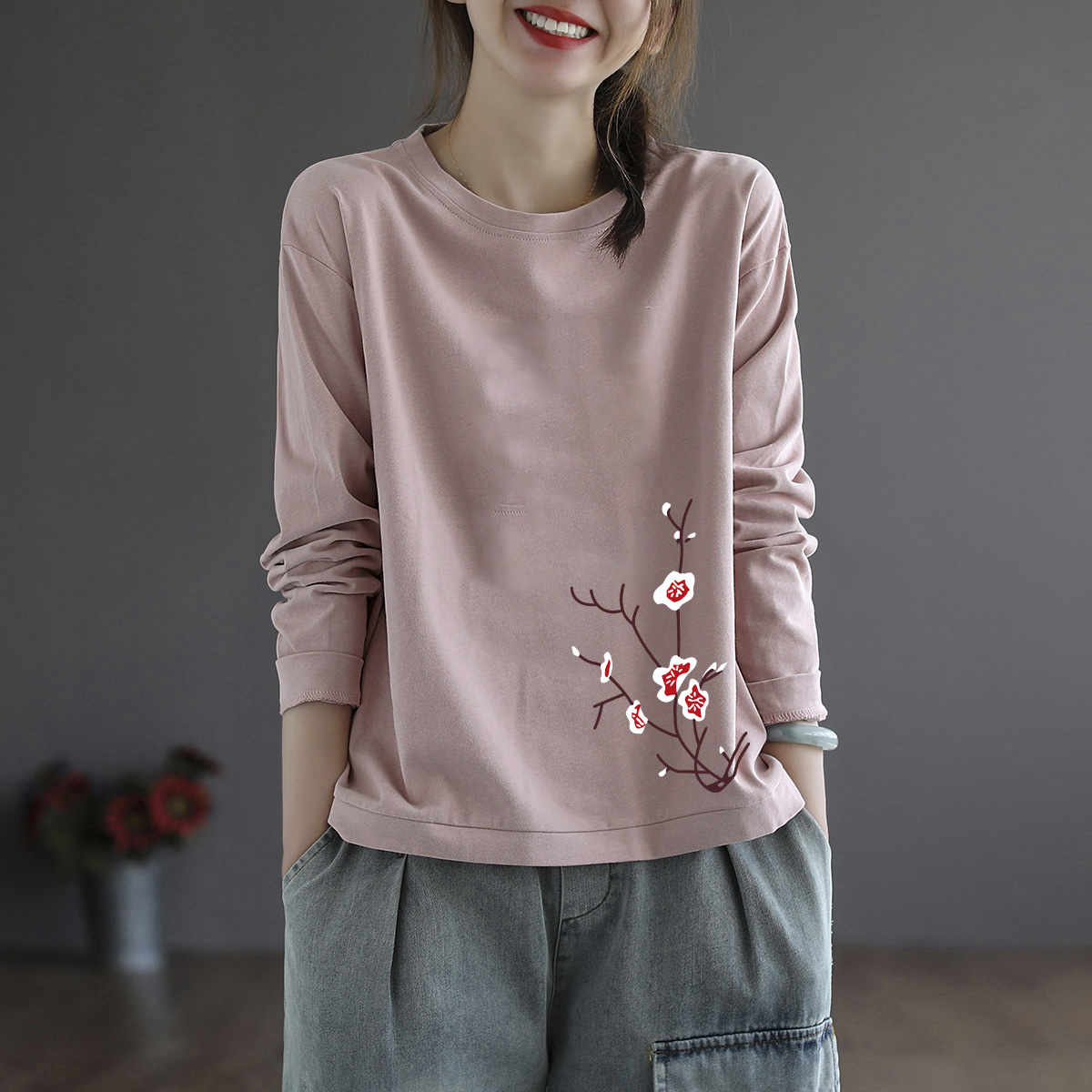 清仓捡漏秋冬季长袖纯棉圆领宽松大码T恤上衣印花大码打底内搭女 - 图3