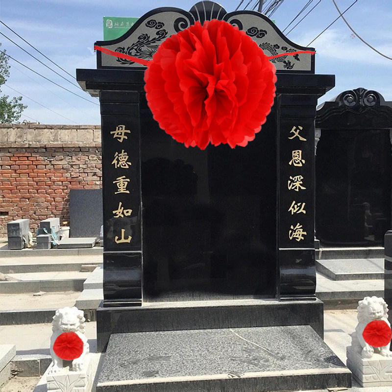 清明节墓碑大红花祭祀扫墓花手绑红色花球墓地石狮子花红绸子布花 - 图2