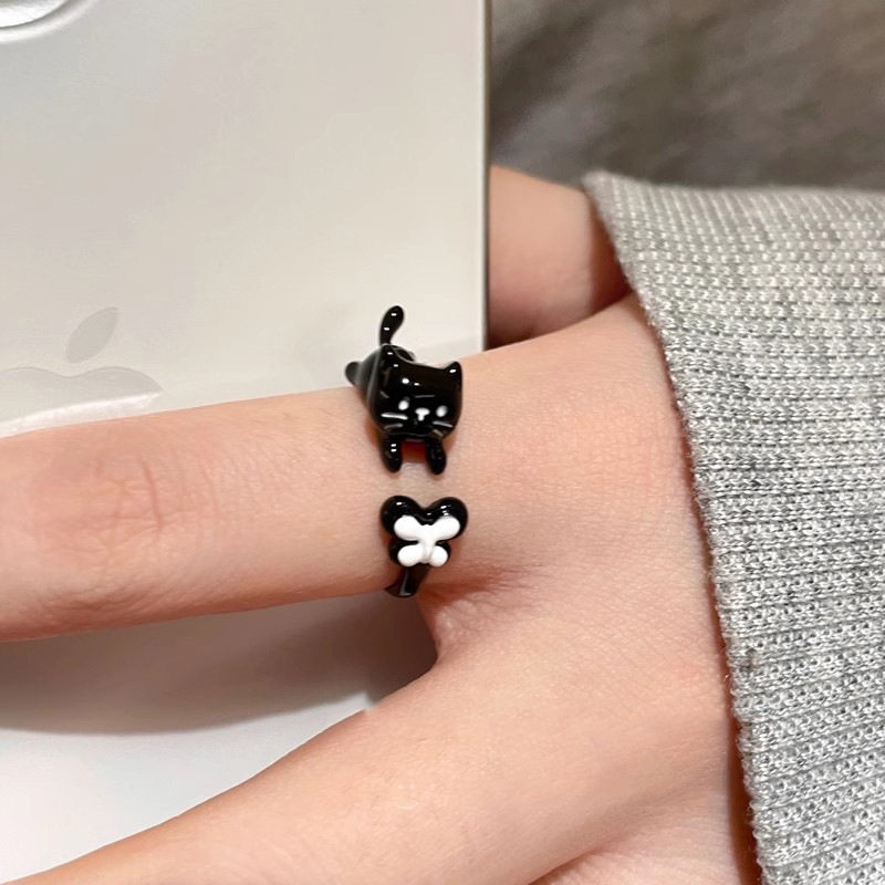 Childish cute puppy drop glaze ring for women with niche design sense open mouth adjustable index finger ring cartoon sweet ring