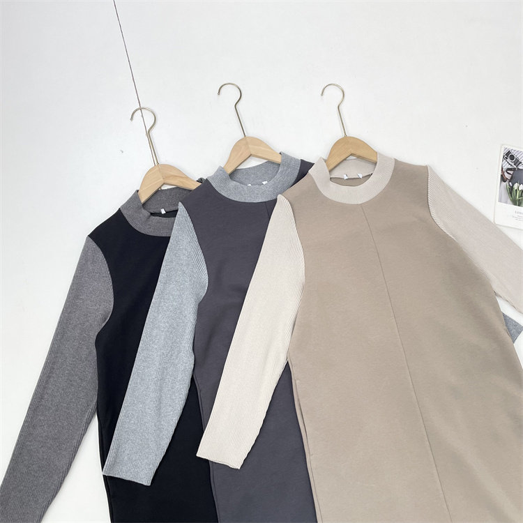 X3日本单针织布拼接版宽松款25秋冬女圆领假两件休闲连衣裙气质款