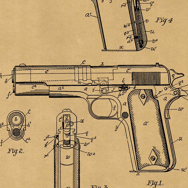 m1911专利图军迷书房寝室背景复古工业风大尺寸枪械墙贴军事海报