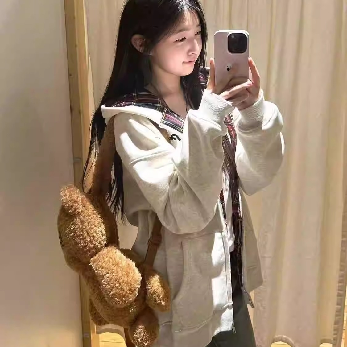 韩版复古酒红色格子卫衣女连帽开衫设计感oversize薄款春秋冬外套 - 图1