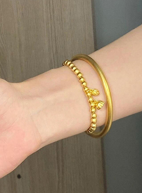 新款古法沙金传承镀真金手镯叠戴女实心仿素圈手环结婚礼物