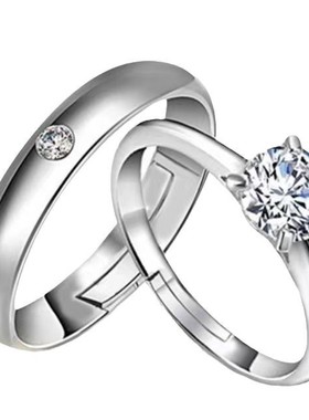 2025新款仿真钻石男女情侣活口结婚戒指铜镀银镶单钻开口对戒