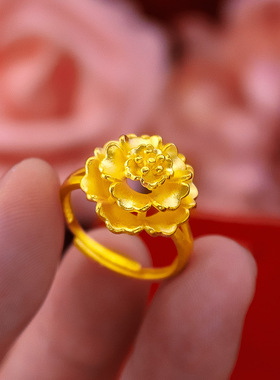 2025铜镀金女款复古花朵戒指越南沙金花朵戒指新娘婚庆富贵花戒指